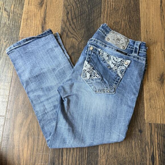 Miss Me Jeans 28 Curvy Crop Mid Rise Lace Pocket Bling Crystal Embellished - Picture 1 of 13